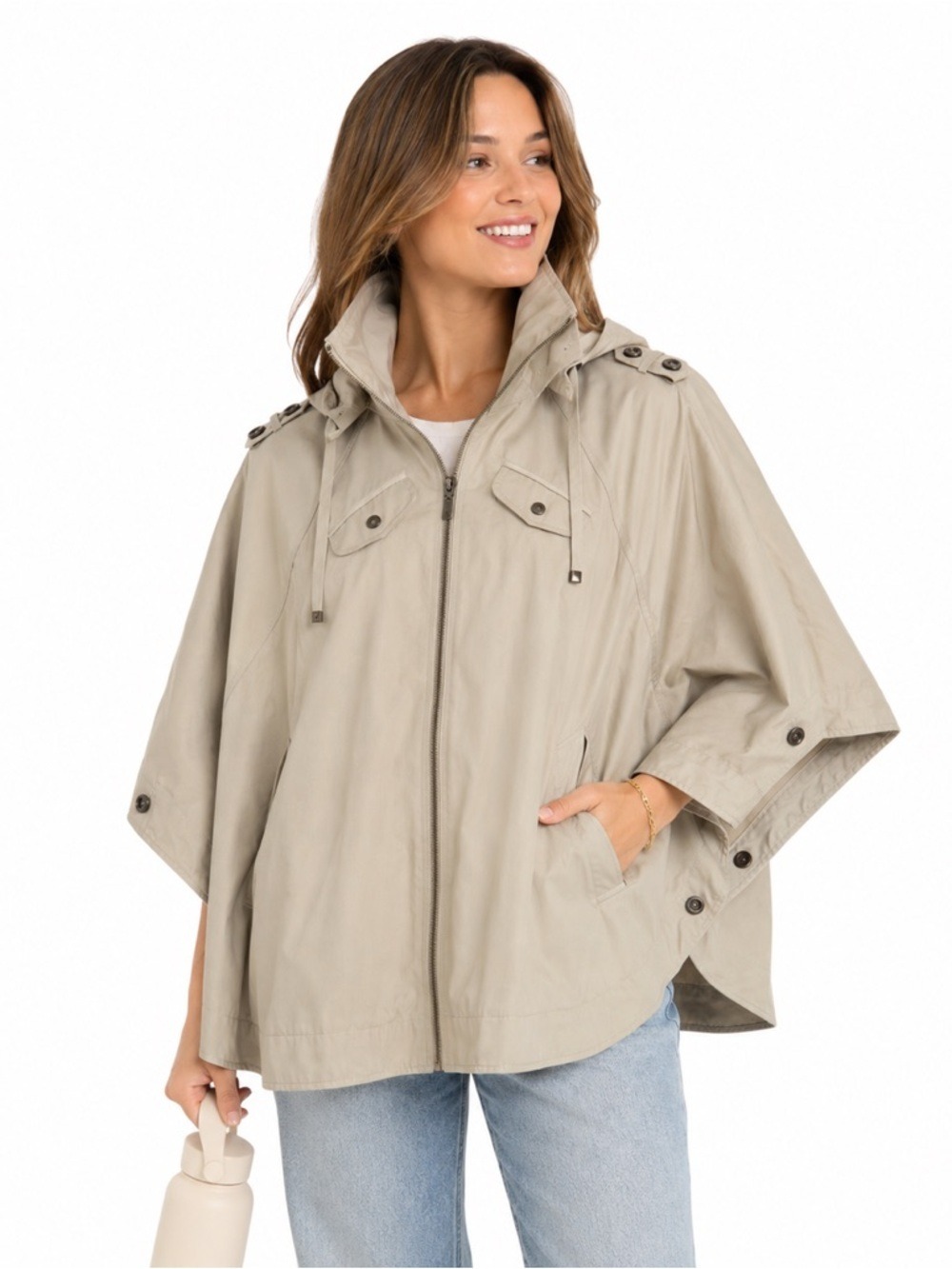 Cole Haan Beige Hooded Cape Cloak Rain Jacket Hooded Full Zip Neutralcore Casual